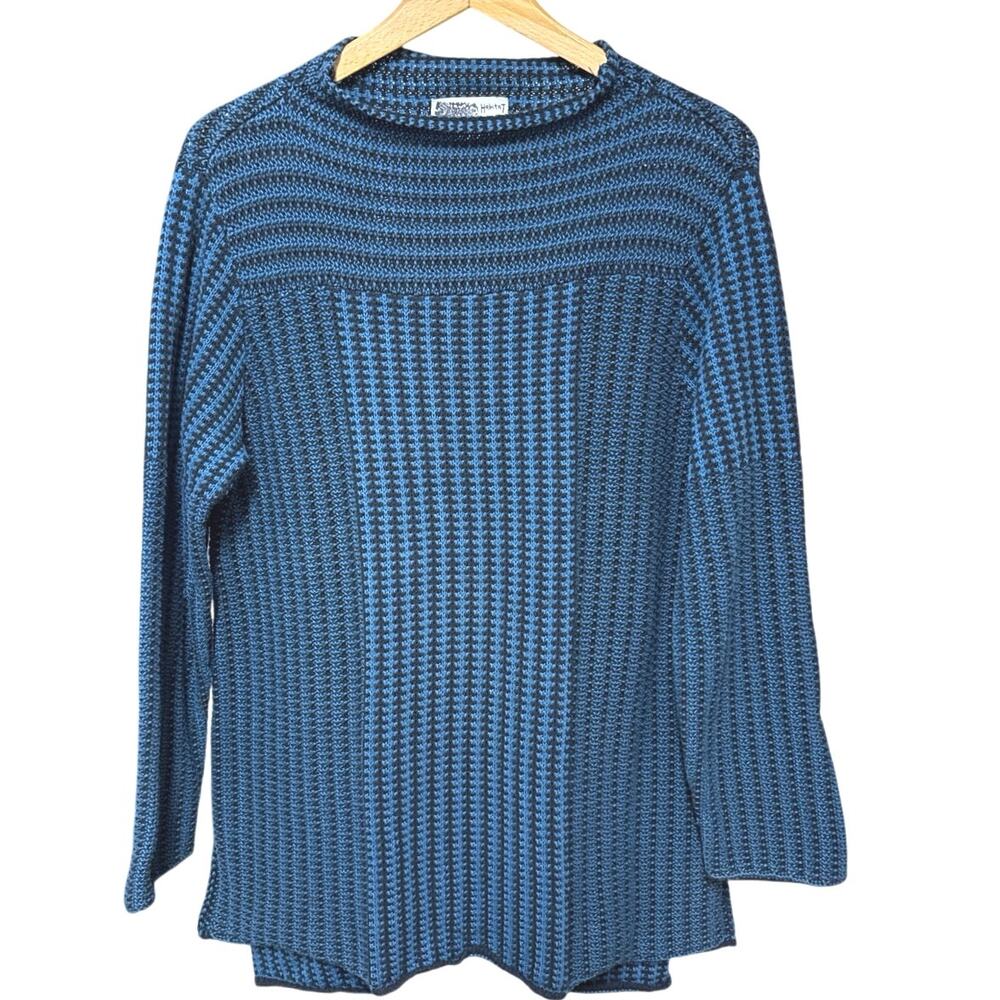 Habitat Cotton Knit Blue Black Sweater Top Size Large Lagenlook Coastal Comfort